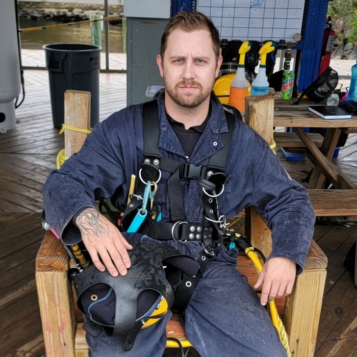 Coach Lucas Moeller in commercial dive gear